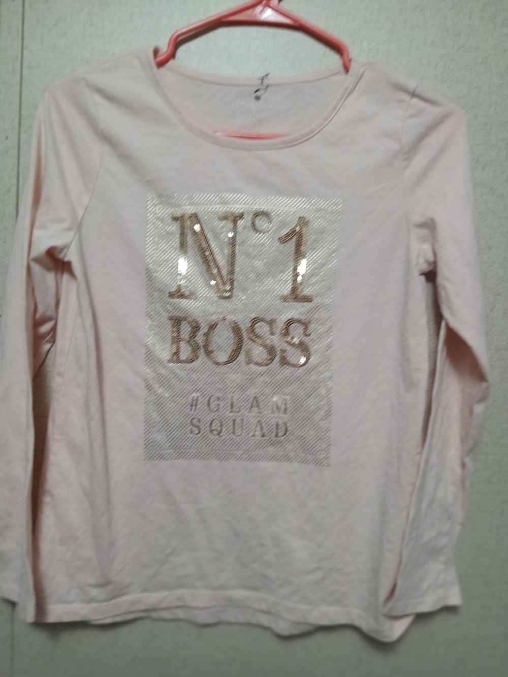 Boss Girls Pale Pink Long-Sleeve Tee with Gold Sequin 'N°1 BOSS'
